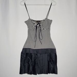 Fray Mini Dress P Silk Pleated Stripe Tie Ruched Sweetheart Drop Waist Vtg 00s